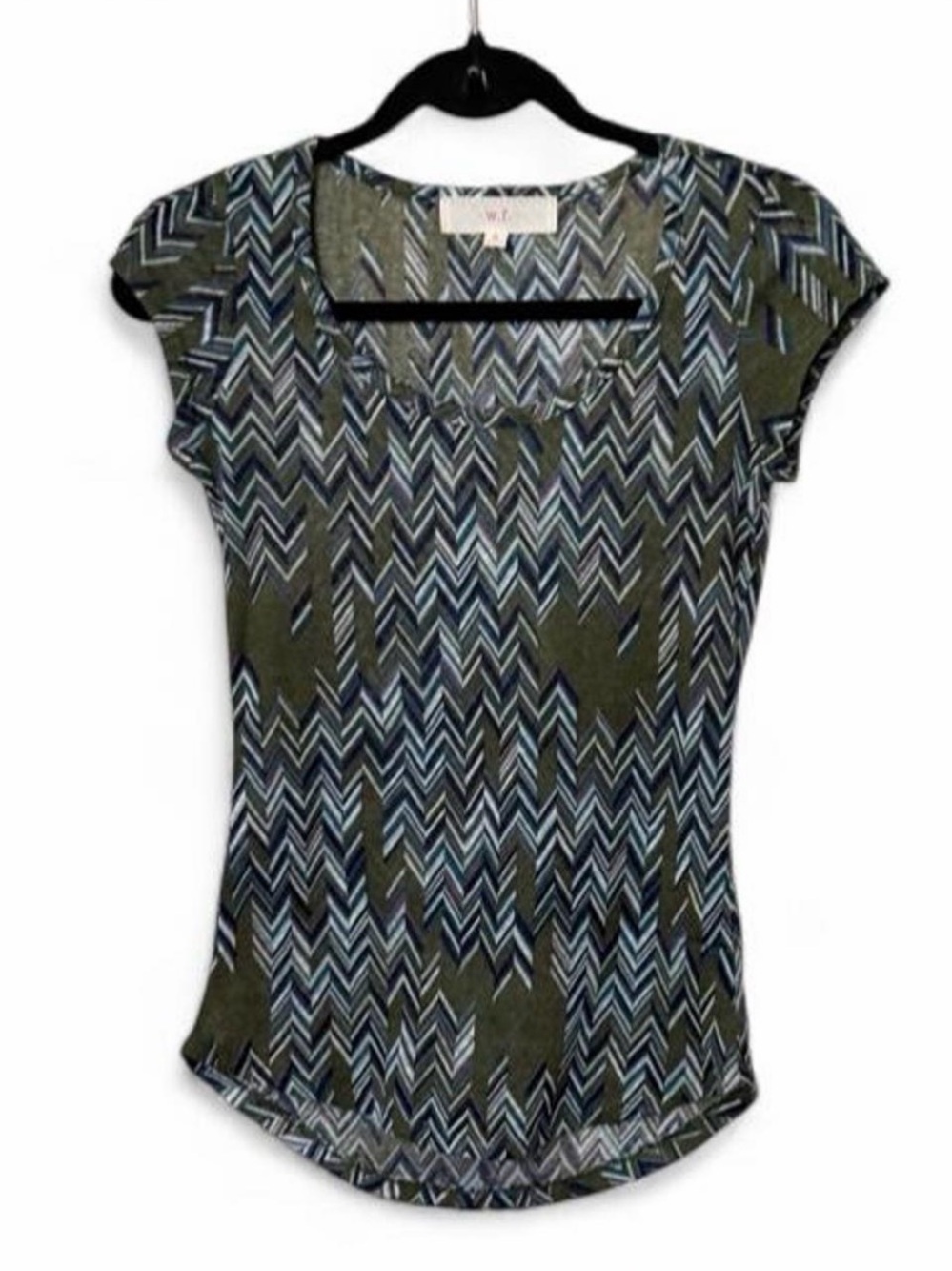 w. f. Green and blue chevron pattern blouse in a S